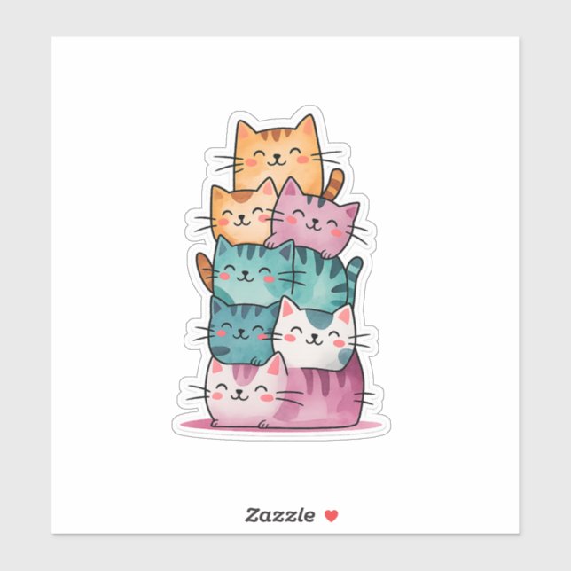 Kawaii Watercolor Cat Stack Cute Sticker (Sheet)