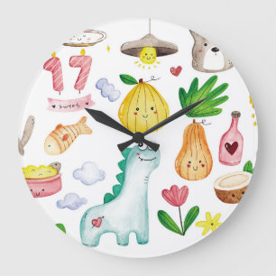 Kawaii watercolor doodles, sticker ready. large clock