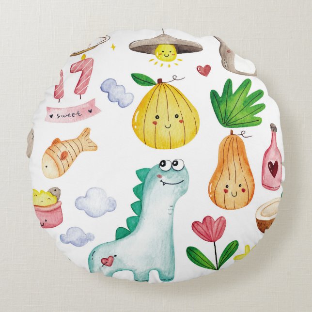 Kawaii watercolor doodles, sticker ready. round pillow (Front)