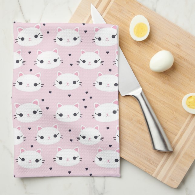 Kawaii White Cat Face Pattern on Pink Kitchen Towel (Quarter Fold)