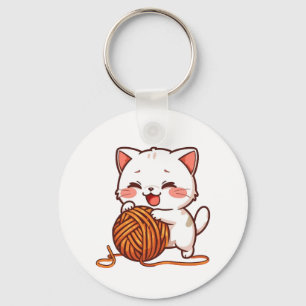 Kawaii White Kitten with Woolen Ball Keychain