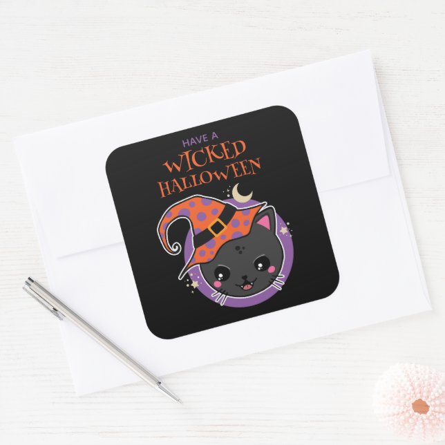 Kawaii Witch Cat Halloween  Square Sticker (Envelope)