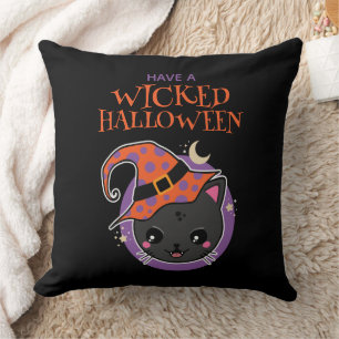 Kawaii Witch Cat Halloween Throw Pillow
