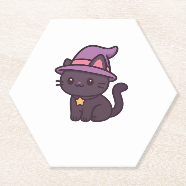 Kawaii Witch Cat in Purple Hat Classic T-Shirt Paper Coaster (Front)
