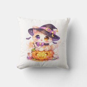 Kawaii Witch Cat & Pumpkin Pastel Halloween Throw Pillow