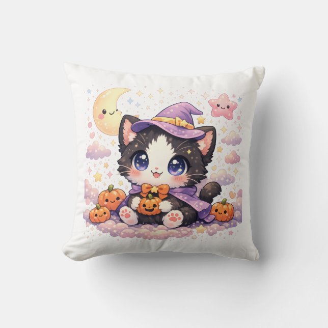 Kawaii Witch Cloud Kitty  Throw Pillow (Front)