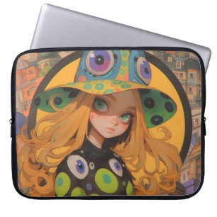 Kawaii Witch & Eyeball Hat in Fantasy City Laptop Sleeve