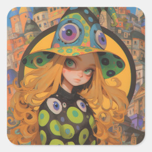 Kawaii Witch & Eyeball Hat in Fantasy City Square Sticker