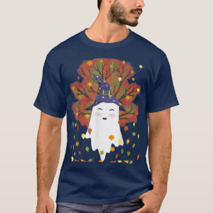 Kawaii Witch Ghost Halloween Autumn Leaves Fall Th T-Shirt