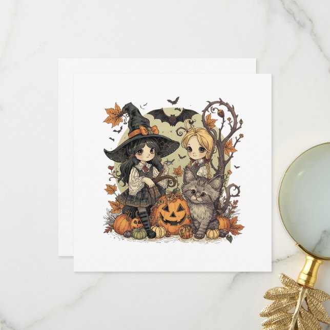 Kawaii witches with Gatinho and Abóbora Thank You Card (Front/Back In Situ)