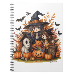 Kawaii Witches with Ghost Puppy and Pumpkins Notebook