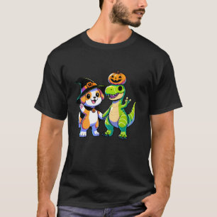 Kawaii Witchy Dog Pumpkin Dinosaur Kids Love T Rex T-Shirt