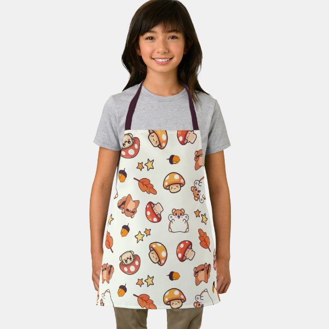 Kawaii Woodland Animals and Mushrooms Pattern Apron (Insitu)