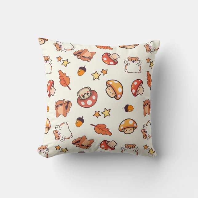 Kawaii Woodland Animals and Mushrooms Pattern Throw Pillow (Front)