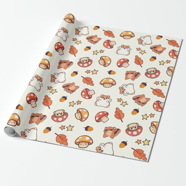 Kawaii Woodland Animals and Mushrooms Pattern Wrapping Paper (Unrolled)