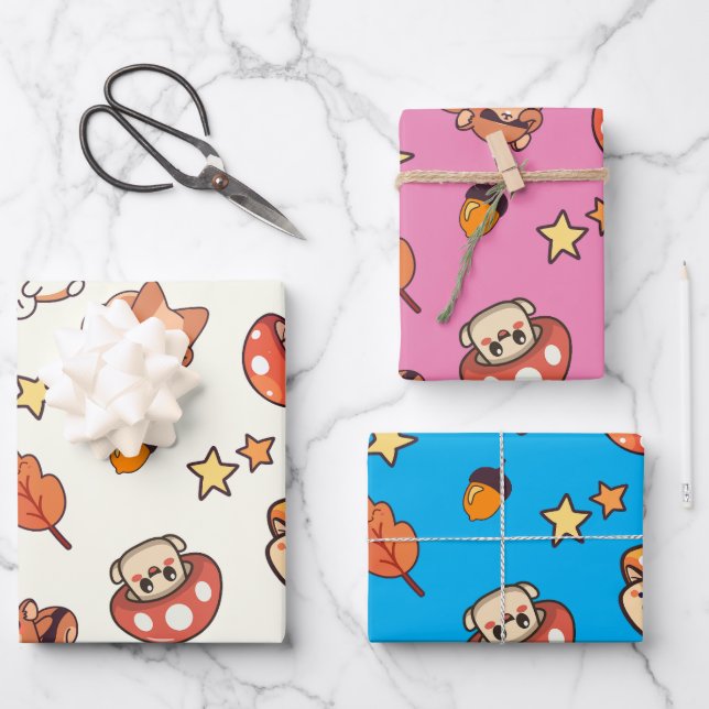 Kawaii Woodland Animals and Mushrooms Pattern Wrapping Paper Sheet (Front)