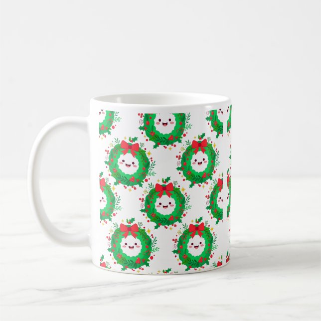 Kawaii Wreath Faces Pattern Coffee Mug (Left)