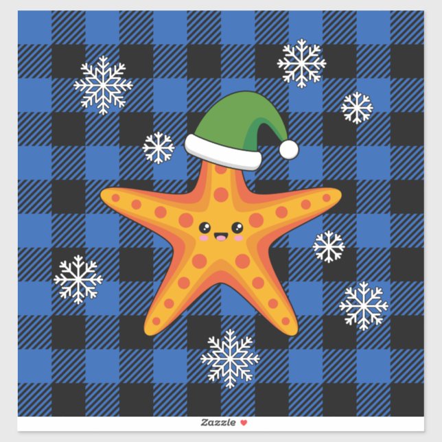 Kawaii Xmas Starfish on Blue Buffalo Pattern (Sheet)