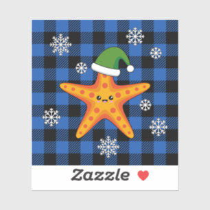 Kawaii Xmas Starfish on Blue Buffalo Pattern