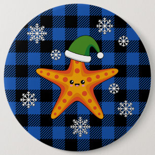 Kawaii Xmas Starfish on Blue Buffalo Pattern 6 Inch Round Button