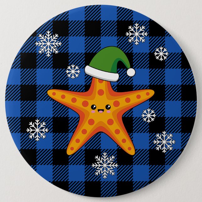 Kawaii Xmas Starfish on Blue Buffalo Pattern 6 Inch Round Button (Front)
