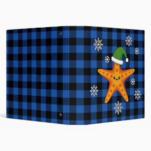 Kawaii Xmas Starfish on Blue Buffalo Pattern Binder