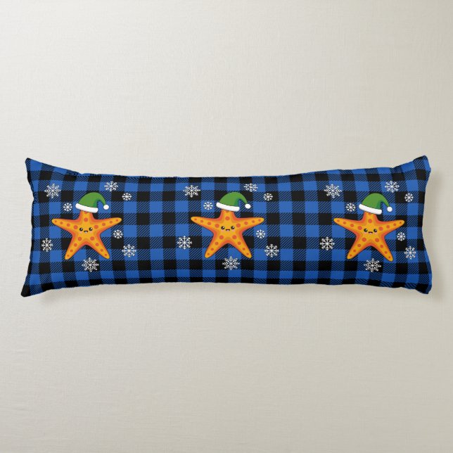 Kawaii Xmas Starfish on Blue Buffalo Pattern Body Pillow (Front)