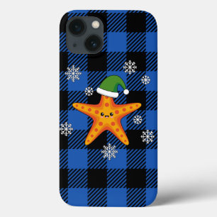 Kawaii Xmas Starfish on Blue Buffalo Pattern iPhone 13 Case