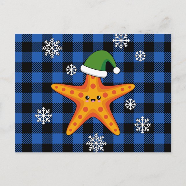 Kawaii Xmas Starfish on Blue Buffalo Pattern Holiday Postcard (Front)