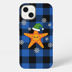 Kawaii Xmas Starfish on Blue Buffalo Pattern iPhone 13 Case