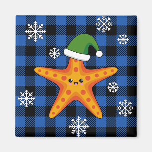 Kawaii Xmas Starfish on Blue Buffalo Pattern Magnet