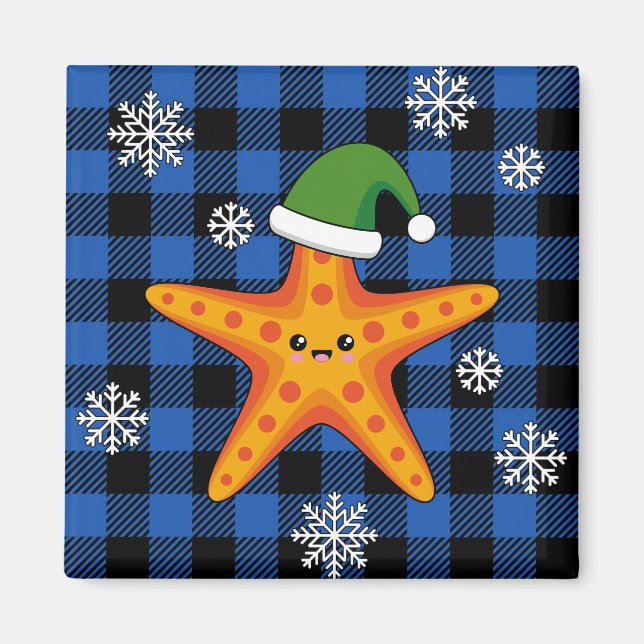Kawaii Xmas Starfish on Blue Buffalo Pattern Magnet (Front)