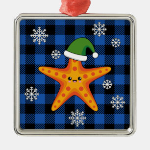 Kawaii Xmas Starfish on Blue Buffalo Pattern Metal Ornament