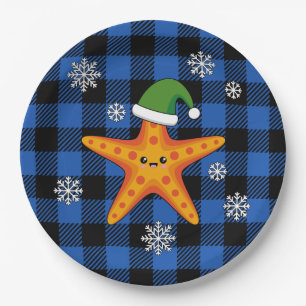 Kawaii Xmas Starfish on Blue Buffalo Pattern Paper Plate