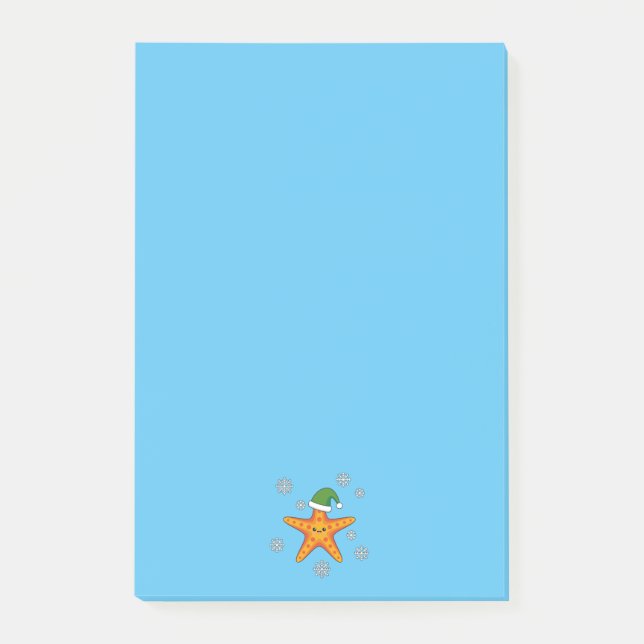 Kawaii Xmas Starfish on Blue Buffalo Pattern Post-it Notes (Front)