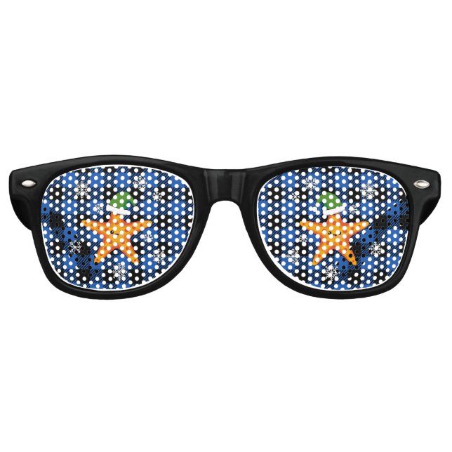 Kawaii Xmas Starfish on Blue Buffalo Pattern Retro Sunglasses (Front)