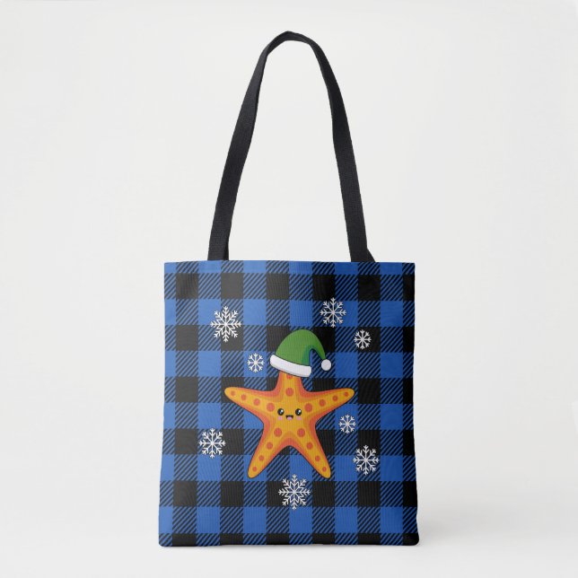 Kawaii Xmas Starfish on Blue Buffalo Pattern Tote Bag (Front)