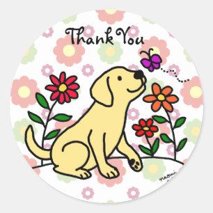 Kawaii Yellow Labrador Cartoon Floral Classic Round Sticker