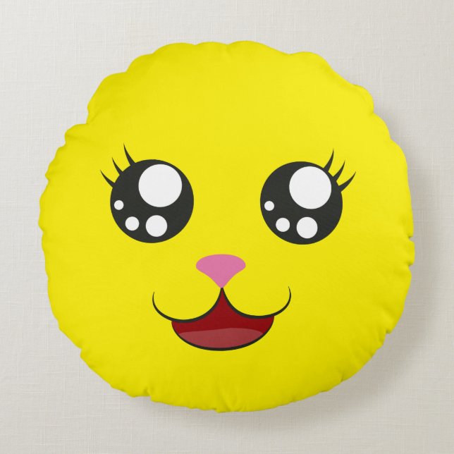 Kawaii Yellow Smile | Keep calm Round Throw Pillow (Front)