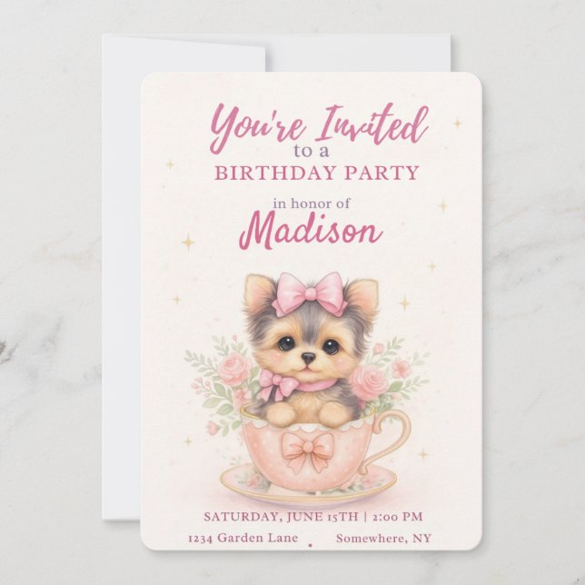 Kawaii Yorkie Teacup Girl’s Birthday Invitation (Front)