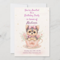 Kawaii Yorkie Teacup Girl’s Birthday Invitation