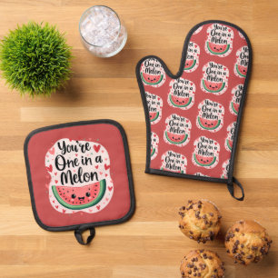 Kawaii "You're One in a Melon" Cute Watermelon Pun Oven Mitt & Pot Holder Set