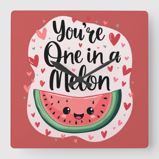 Kawaii "You're One in a Melon" Cute Watermelon Pun Square Wall Clock (Front)