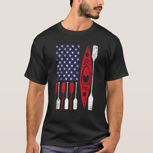 Kayak and paddle US American Flag Canoe USA Kayaki T-Shirt (Front)