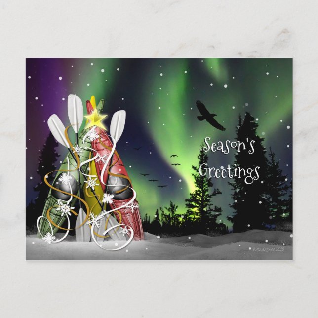 Kayak Christmas Tree Aurora Borealis Holiday Postcard (Front)