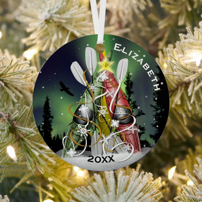 Kayak Christmas Tree Aurora Borealis Metal Ornament (Insitu)