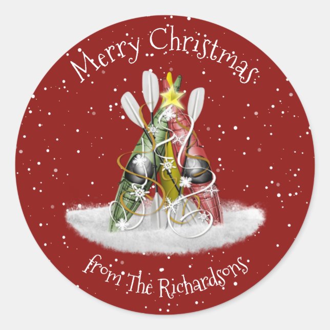 Kayak Christmas Tree kayaks paddles personalized Classic Round Sticker (Front)