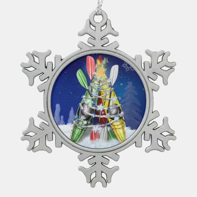 Kayak Christmas Tree Snowflake Pewter Christmas Ornament (Front)