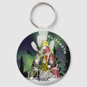 Kayak Christmas Tree under Aurora Borealis Keychain