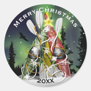 Kayak Christmas Tree under the Aurora Borealis Classic Round Sticker